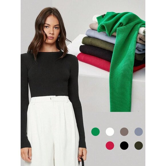 High cut crewneck fitted slim sweater soft knit classic preppy minimalist - Picture 1 of 3